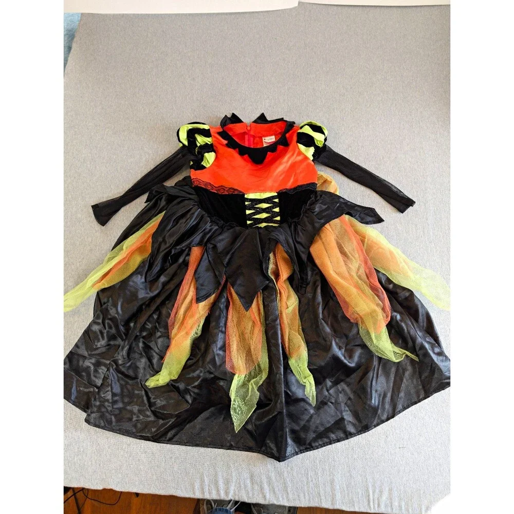 Disguise Girls Halloween Witch Costume Dress Long Sleeve Black Orange Green 4-6X